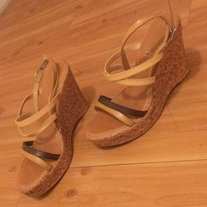 Brown strappy cork wedges